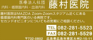 医療法人社団　内科・循環器内科・血液内科　藤村医院　藤村医院はMAZDA Zoom-Zoomスタジアム近くにある循環器内科専門医のいる病院です。セカンドオピニオンについてもお気軽にご相談ください。電話082-281-5523　広島県広島市南区大州2-15-11