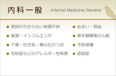 内科一般　原因がわからない体調不良　めまい・貧血　風邪・インフルエンザ　更年期障害の心配　下痢・吐き気・胃のむかつき　予防接種
花粉症などのアレルギー性疾患　認知症